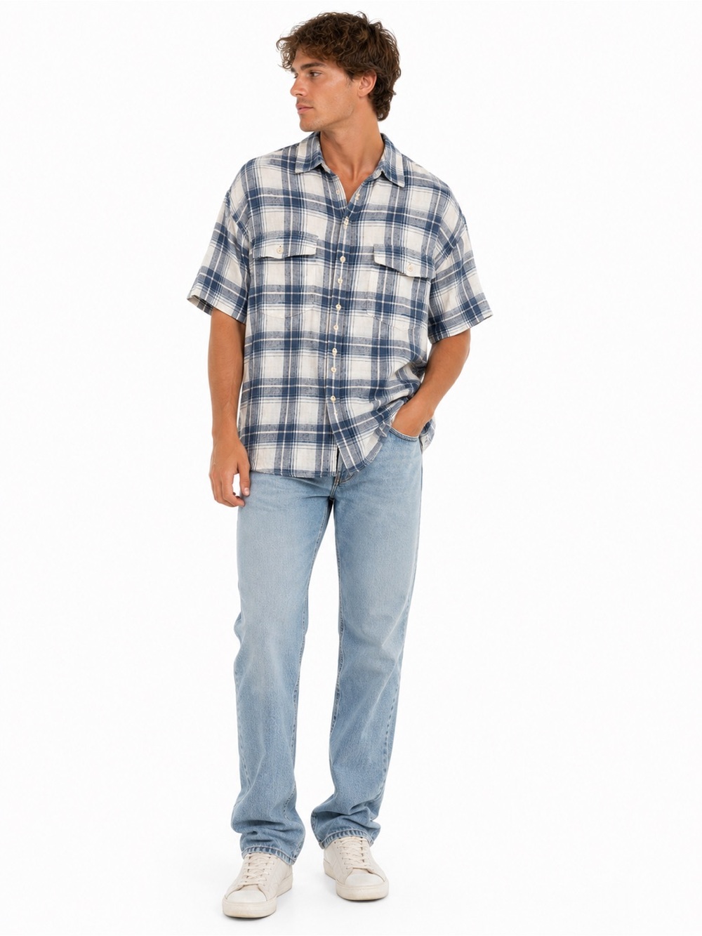 Pendleton Malone Plaid Short Sleeve Button Up Shirt Blue Cream XL